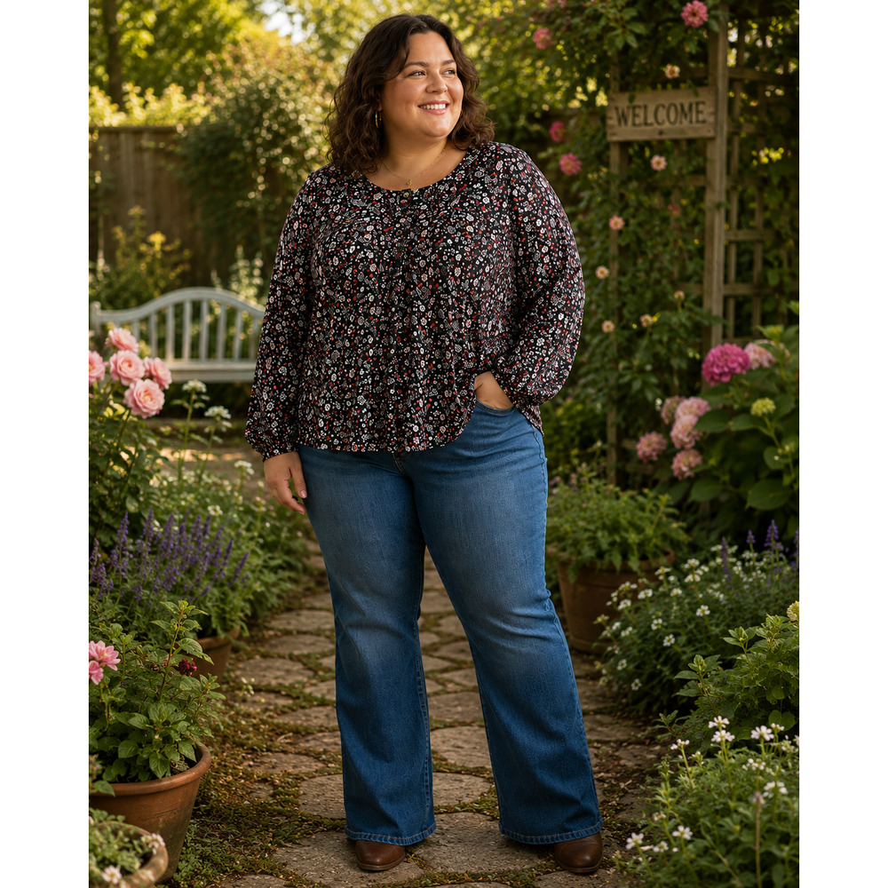 Loft Plus Womens Floral Blouse Peasant Blouse Long Sleeve Size 26
